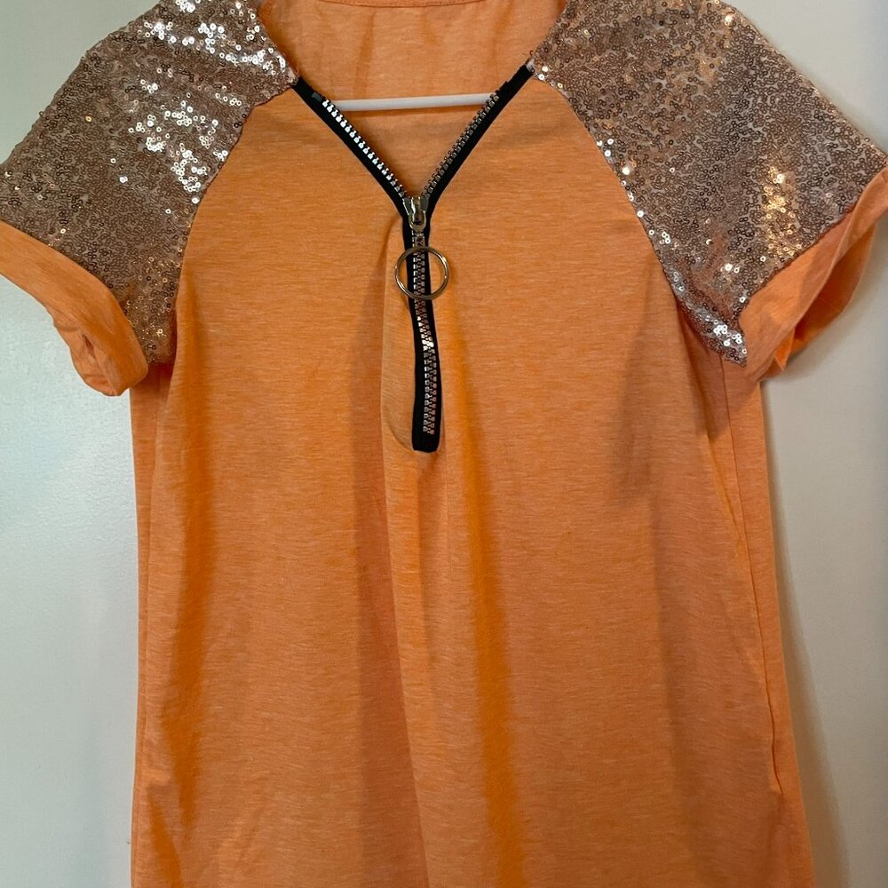 Women's V Neck Sequin Zipper T Shirt - Summer Casual